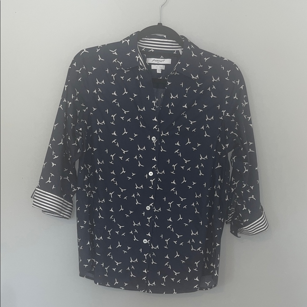 Foxcroft Navy and White Bird Print Button Down